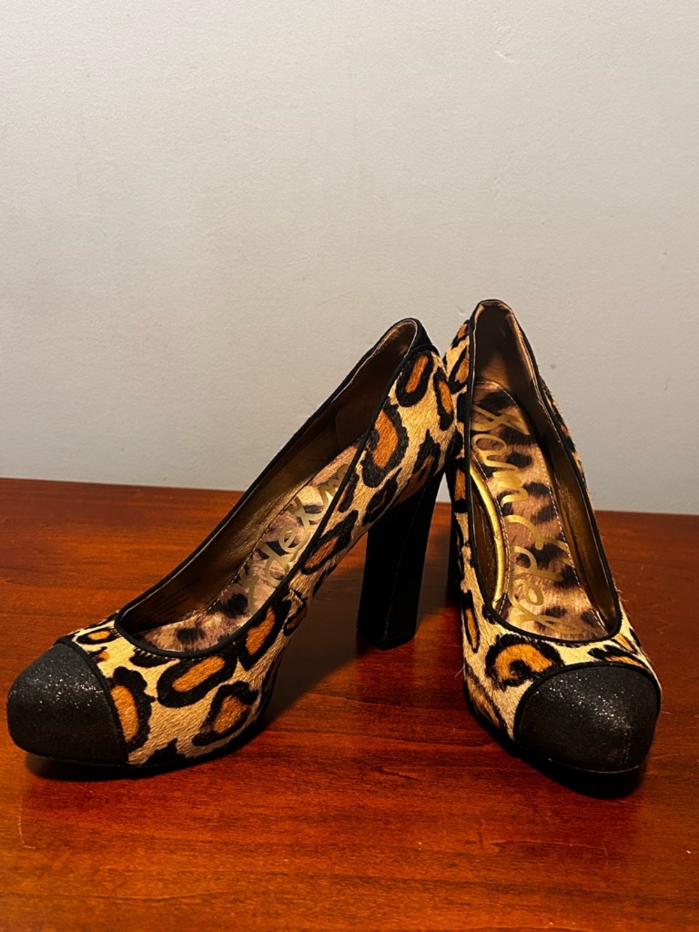 Sam Edelman calf hair Leopard Print Block Heel Pumps with Black Cap Toe 8M